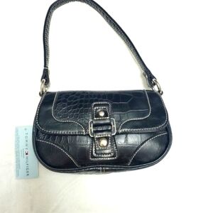 Tommy Hilfiger Vintage Black Croc Embossed Leather Baguette Shoulder Bag Y2K